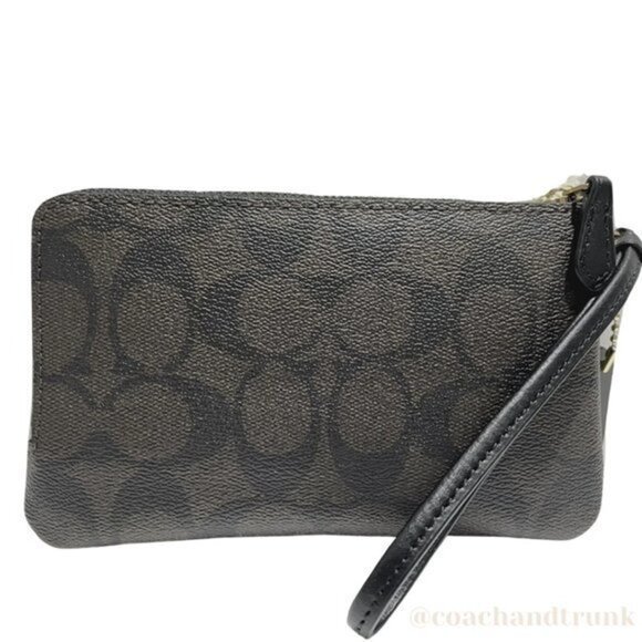 NWT COACH DOUBLE Corner Zip Wristlet In Signature "C" Dark Brown Gold Accents - Picture 11 of 14